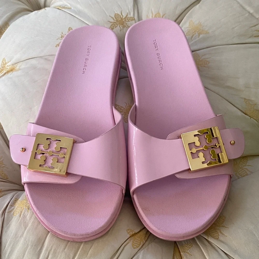 Tory Burch Pink Patent Slide Sandals with Gold Logo Buckle
